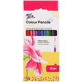 12 assorted coloured pencils; white and yellow packaging with flower image; visible open window to pencils; red header on pack;