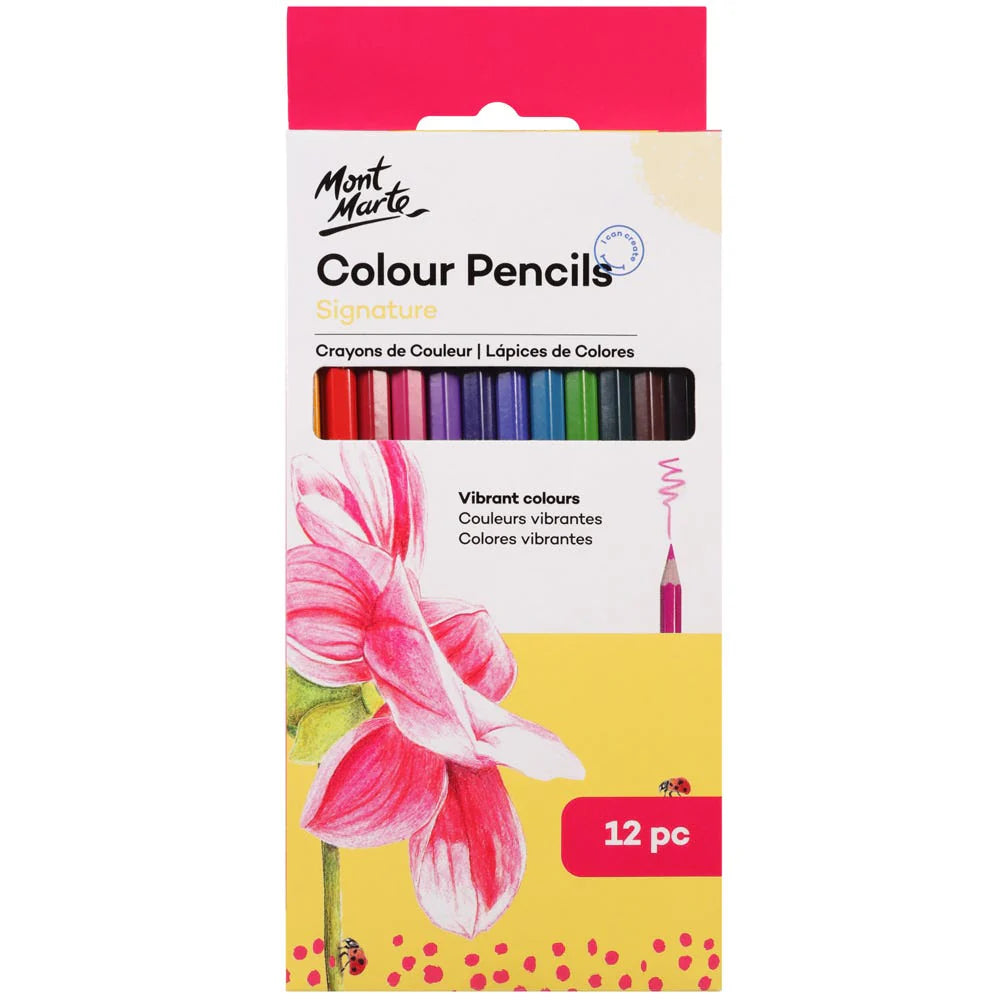 12 assorted coloured pencils; white and yellow packaging with flower image; visible open window to pencils; red header on pack;