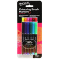 12 markers with black barrel; assorted bright caps in various colours; flexible brush tips indicated on packaging; colourful pink and black packaging with floral design;