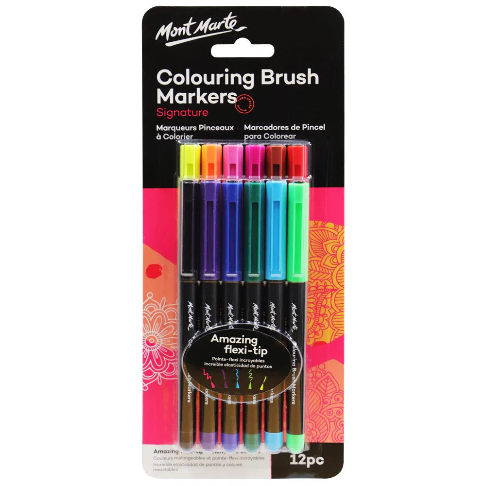12 markers with black barrel; assorted bright caps in various colours; flexible brush tips indicated on packaging; colourful pink and black packaging with floral design;