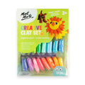 27 clay sticks in assorted bright colours; packaging features lion and dog clay models; green and white packaging with Mont Marte branding; label shows suitable for ages 3+;