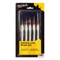 five white handled brushes; copper coloured metal ferrules; fine pointed synthetic bristles; packaged on black and yellow card; each brush labelled with size and type;