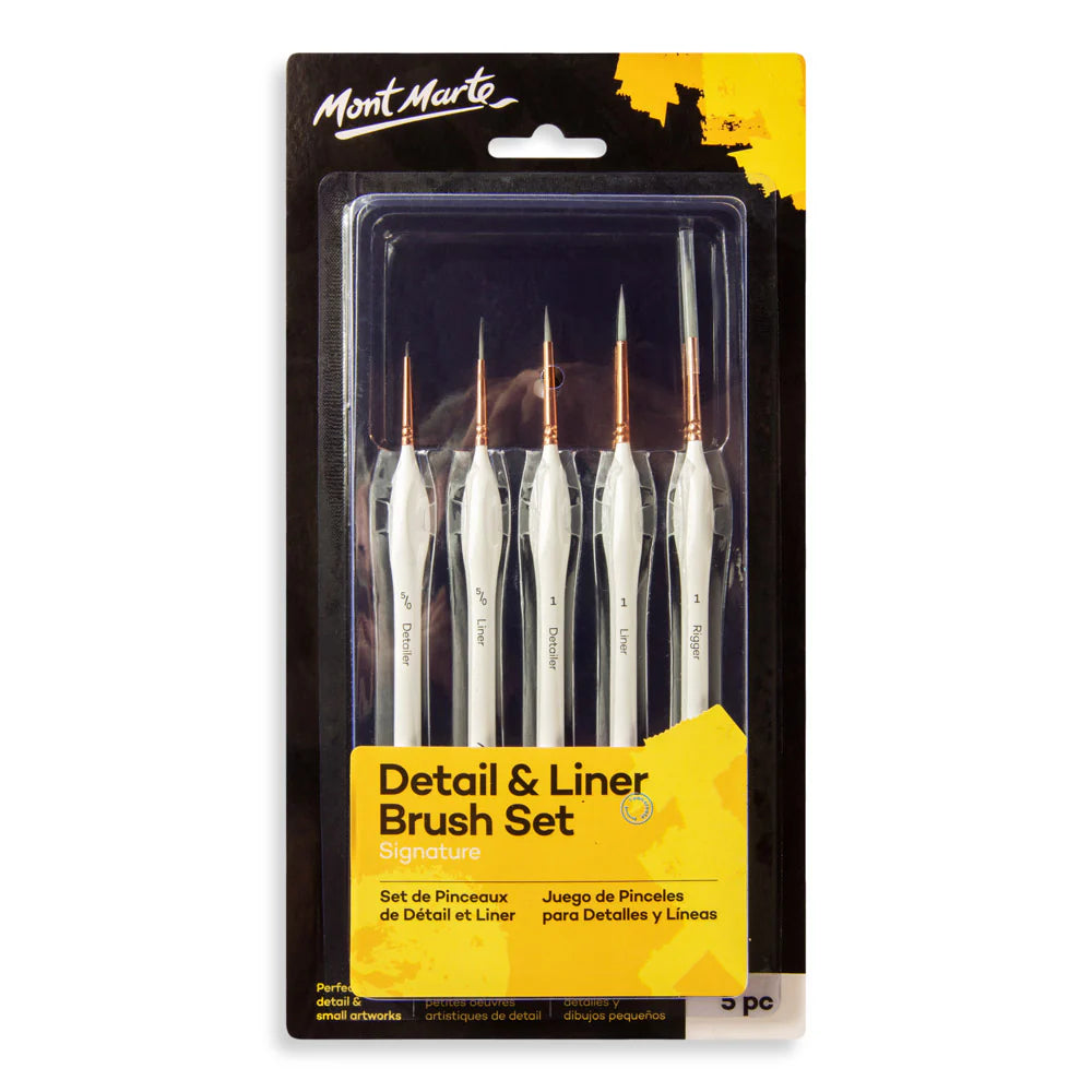 five white handled brushes; copper coloured metal ferrules; fine pointed synthetic bristles; packaged on black and yellow card; each brush labelled with size and type;