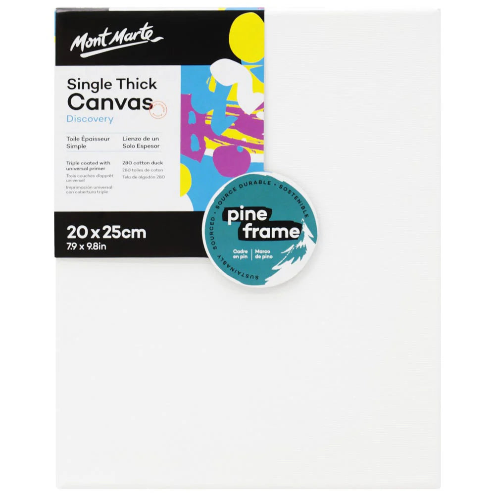 white primed canvas surface; 20x25cm size label; pine wood frame; colourful Mont Marte Discovery label on packaging;