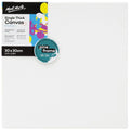 White canvas stretched on pine frame; 30x30cm size label; Triple coated universal primer; Labels include Mont Marte branding and colourful design;