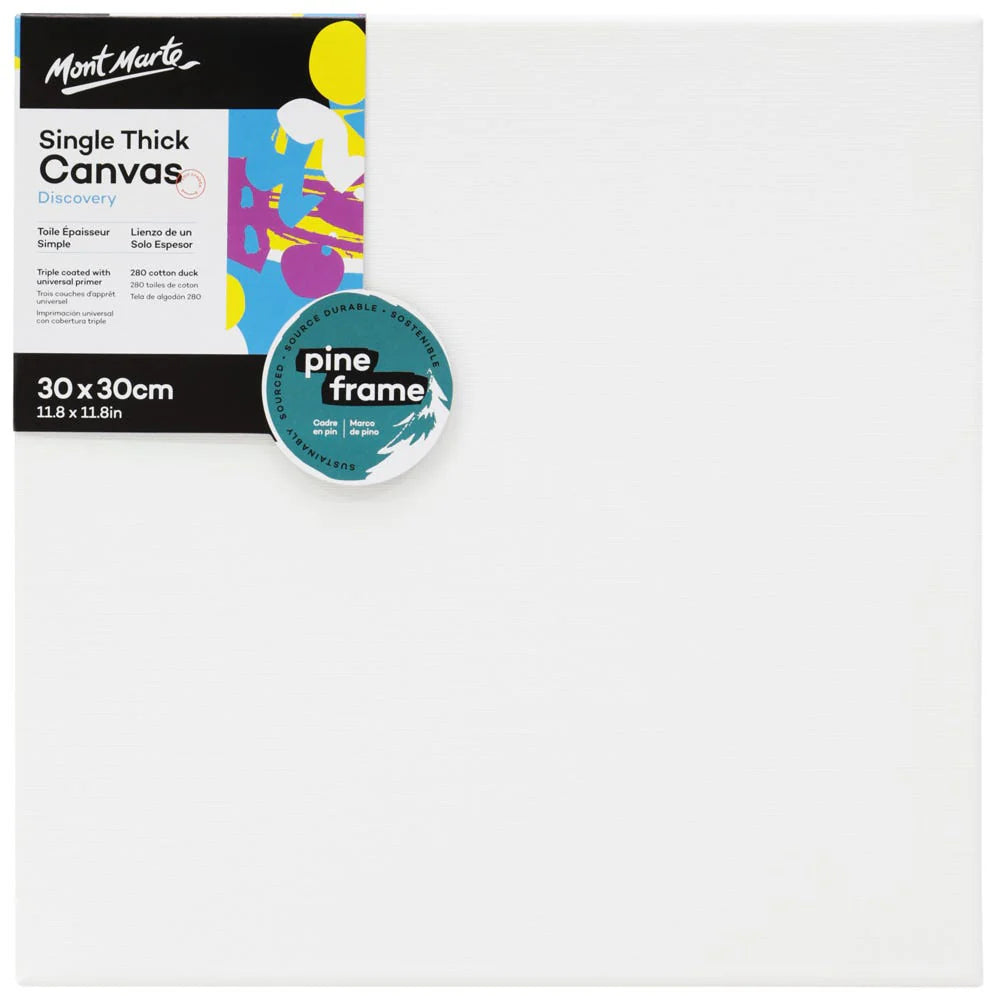 White canvas stretched on pine frame; 30x30cm size label; Triple coated universal primer; Labels include Mont Marte branding and colourful design;