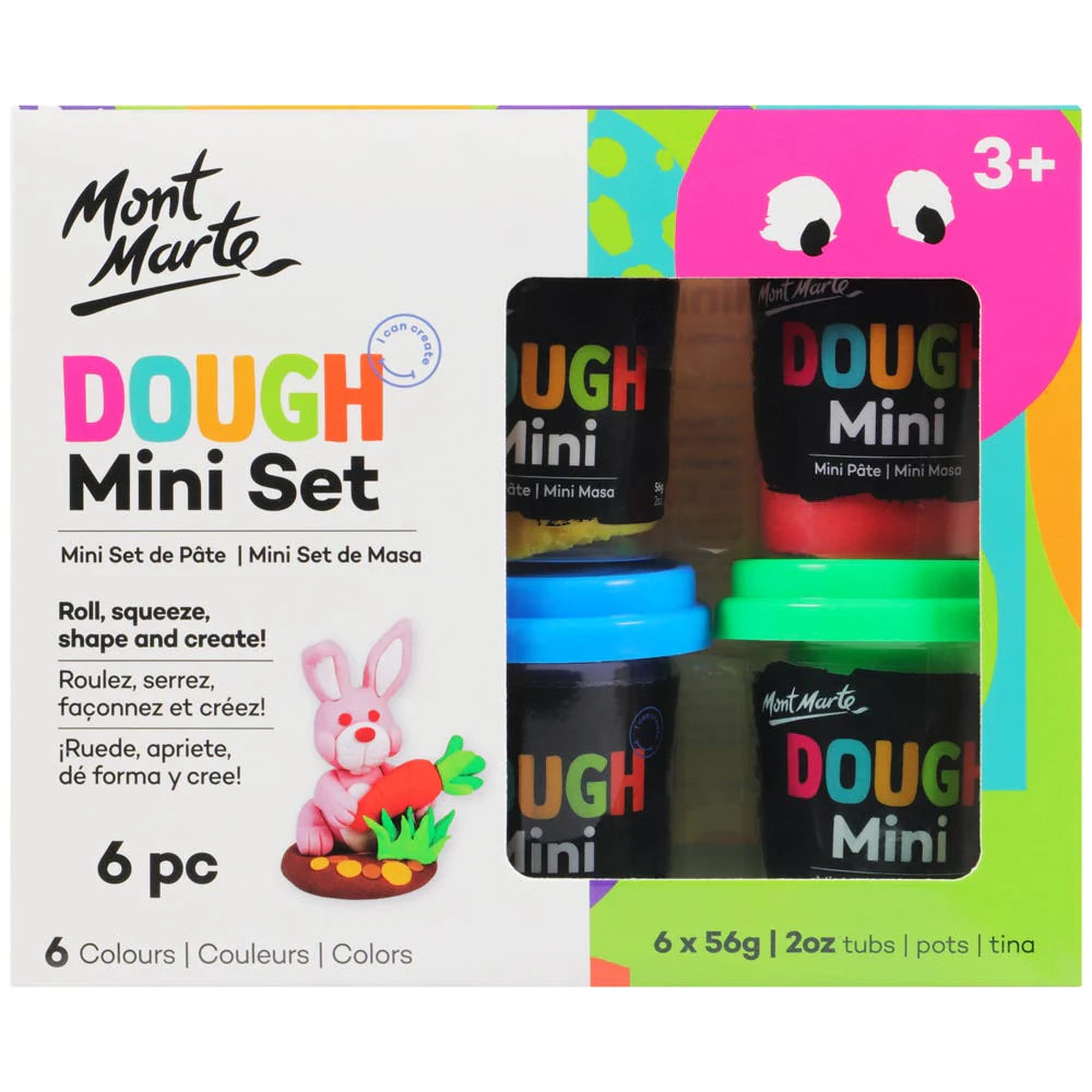 6 tubs of dough in assorted colours; Colourful plastic lids on each tub; Visible product age rating 3+; Bright and playful packaging design;