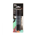 Two black paint pens in pack; Dual tips visible on pen illustrations; Packaging shows Mont Marte branding; Black ink colour shown; 2-piece set;