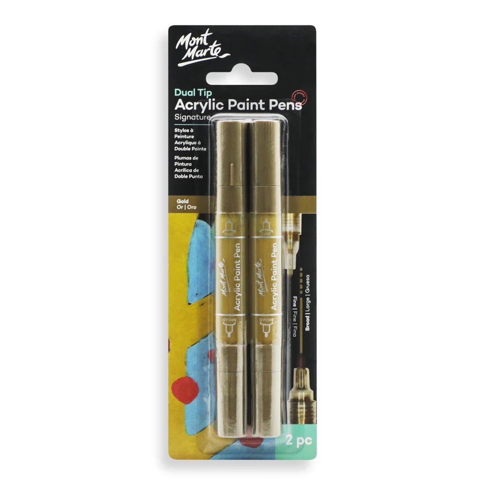 pack of 2 gold paint pens; dual tip pen design; black and gold packaging; Mont Marte branding on package;