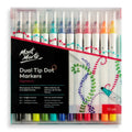 12 markers in a clear plastic case; white barrel with colourful dot pattern; dual tips visible on markers; colours include black, white, yellow, orange, red, pink, purple, blue, green, turquoise;