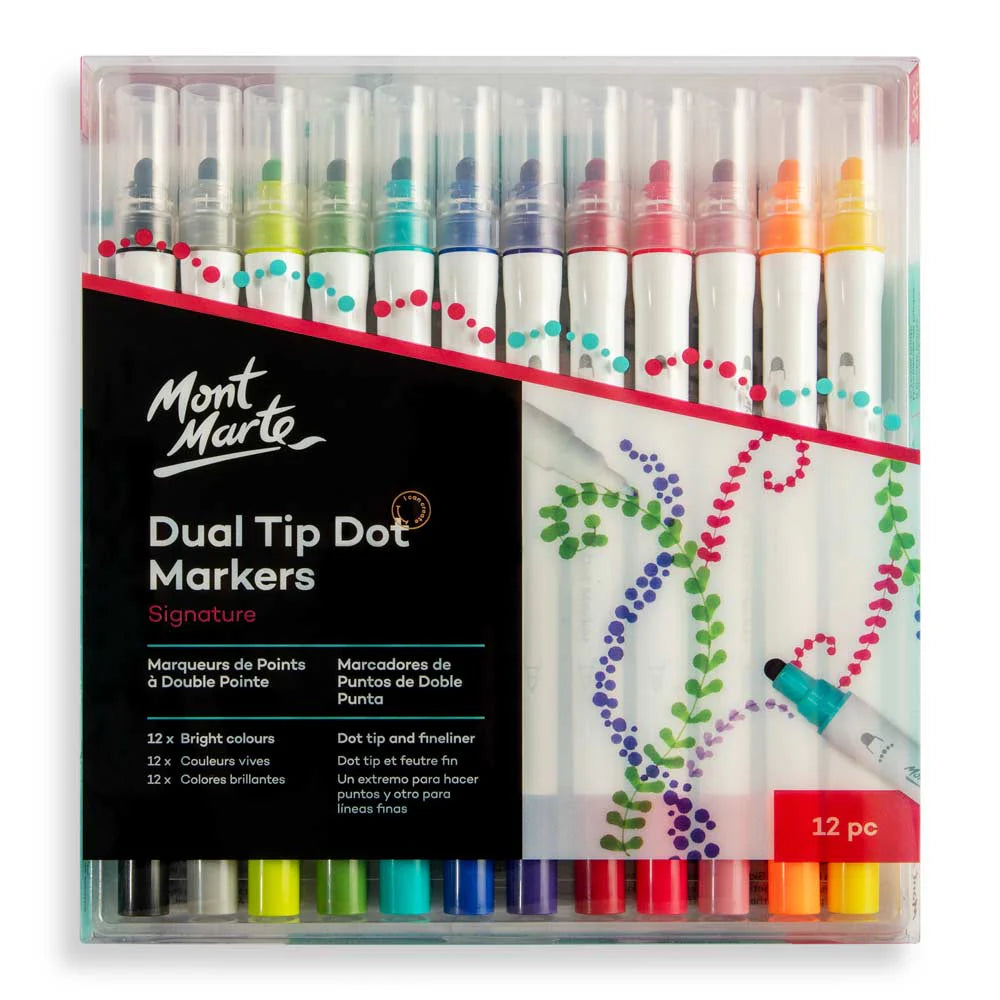 12 markers in a clear plastic case; white barrel with colourful dot pattern; dual tips visible on markers; colours include black, white, yellow, orange, red, pink, purple, blue, green, turquoise;