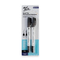 pack of 2 permanent markers; black ink; white pen body with black caps; dual tip icons showing fine and bullet tips; packaging with blue and white background;