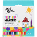 12 felt tip markers visible through packaging; assorted colours including red, orange, green, blue, purple; white rectangular box with blue top; printed children's drawing on box front; colourful patterned border on packaging;