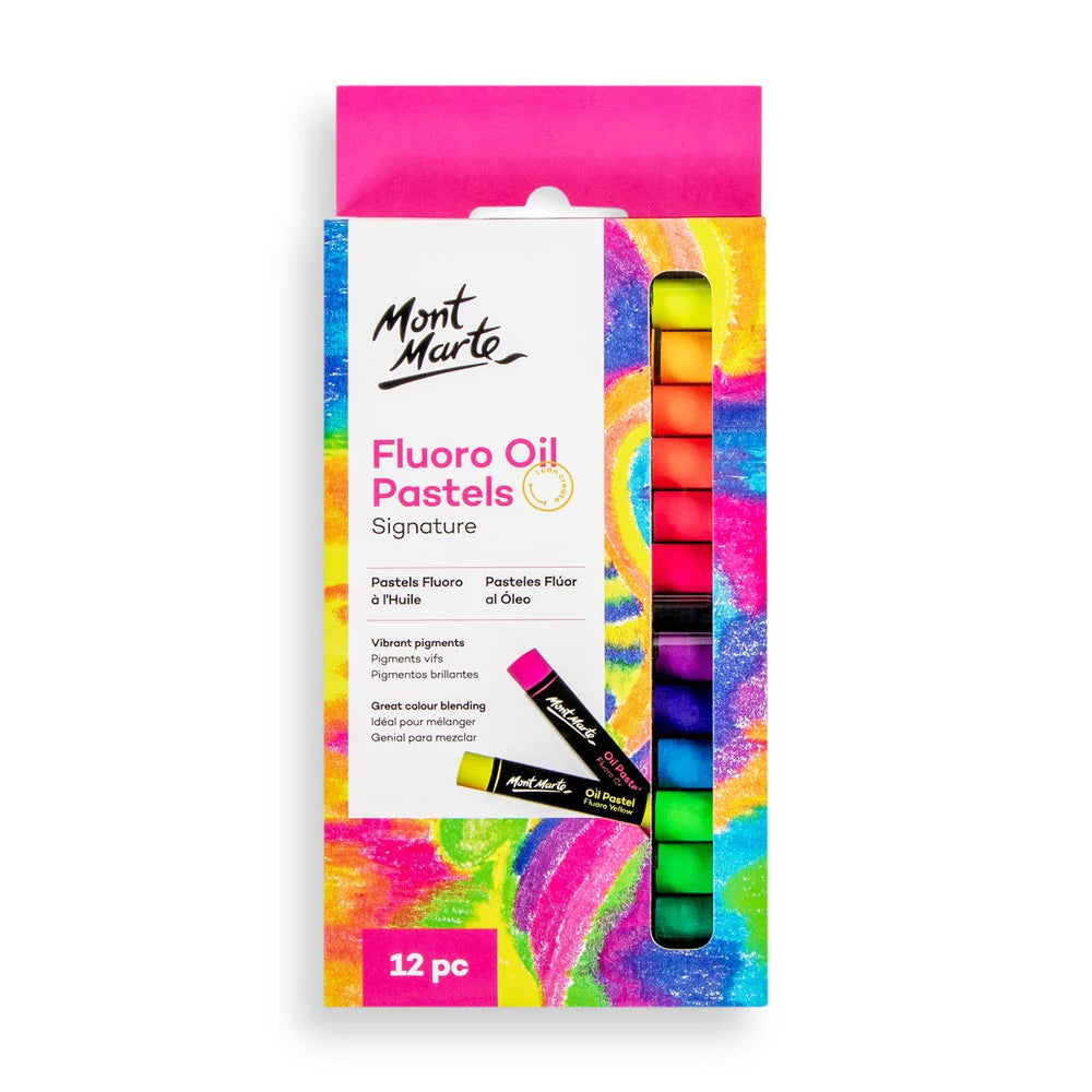 12 fluorescent oil pastel sticks; Bright multicolour packaging with pastel artwork background; Box with a clear plastic window showing colourful pastels inside; Pastels labelled Mont Marte with black wrapper and colour name;