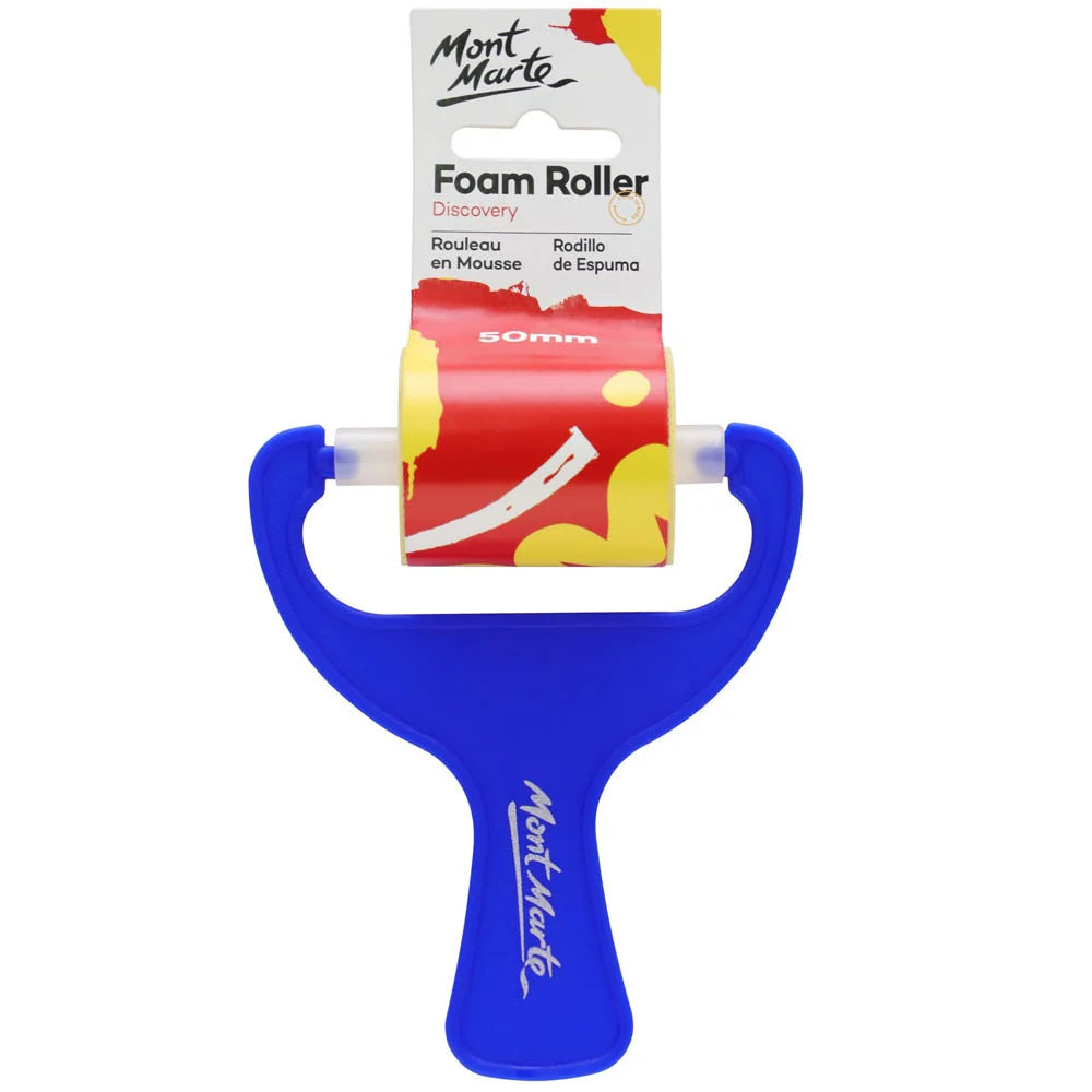 blue plastic handle; 50mm foam roller; paper label with red and yellow design; handheld roller shape;