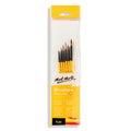 6 brushes with black pointed bristles; Yellow handles with black ferrule; Clear plastic packaging with yellow and white label; Brush sizes printed on handles;