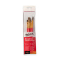 4 paint brushes with red handles; gold metal ferrules; different brush head shapes including flat and round; packaged in clear plastic bag with red and white label;