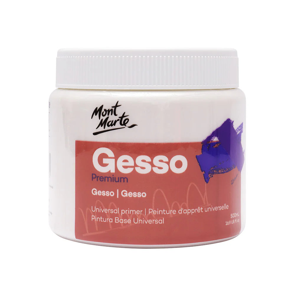 white plastic tub with screw lid; red and white label featuring Mont Marte logo; purple brush stroke graphic on label; label text includes 'Gesso Premium' and '500ml';