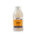 250ml plastic bottle; white flip-top cap; orange and white label; clear liquid inside;