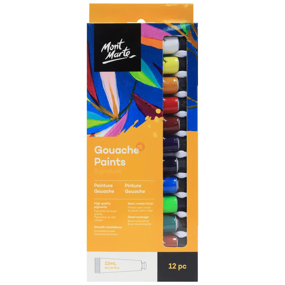 Packaged in orange box with blue and multicolour artwork; 12 tubes visible through window; Each tube labelled and capped with black lid; Tubes arranged vertically in box; Semi-matte finish indicated on packaging;