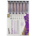 7-piece set of fineliners; White barrel with black caps; Metal clip on caps; Markings of tip sizes on cap tops; Packaging with purple and gold design;