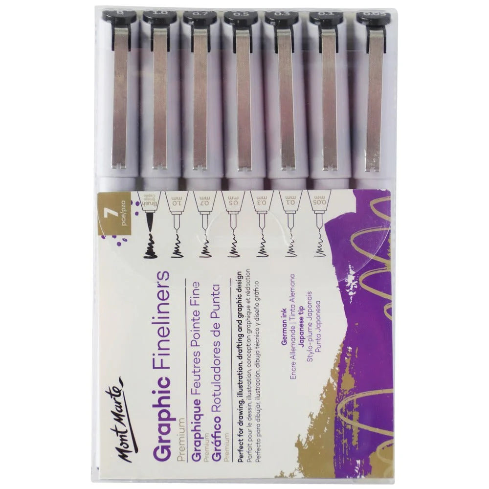 7-piece set of fineliners; White barrel with black caps; Metal clip on caps; Markings of tip sizes on cap tops; Packaging with purple and gold design;