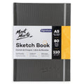 dark grey hardbound cover with textured finish; Mont Marte embossed logo on front cover; elastic band closure on the right side; label showing A5 size and 80 sheets with 110gsm paper quality;