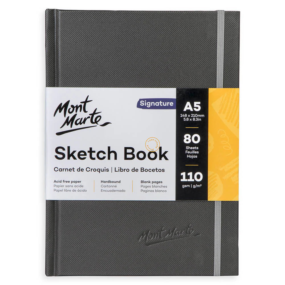 dark grey hardbound cover with textured finish; Mont Marte embossed logo on front cover; elastic band closure on the right side; label showing A5 size and 80 sheets with 110gsm paper quality;