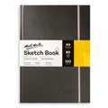 black textured hardbound cover; elastic band closure in light grey; white band label with black and yellow sections; 80 sheets, 110gsm paper info on label; Mont Marte logo embossed on cover;