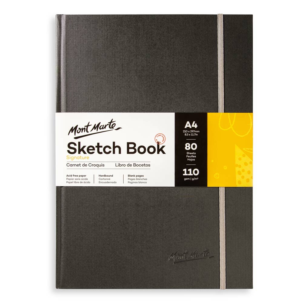 black textured hardbound cover; elastic band closure in light grey; white band label with black and yellow sections; 80 sheets, 110gsm paper info on label; Mont Marte logo embossed on cover;