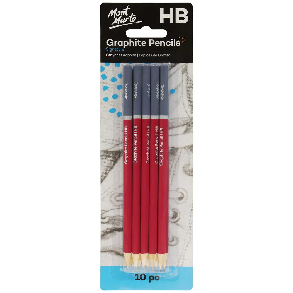 pack of 10 pencils; red and dark blue pencil body; HB grade marking on pencils; plastic blister packaging with cardboard backing; Mont Marte branding visible;