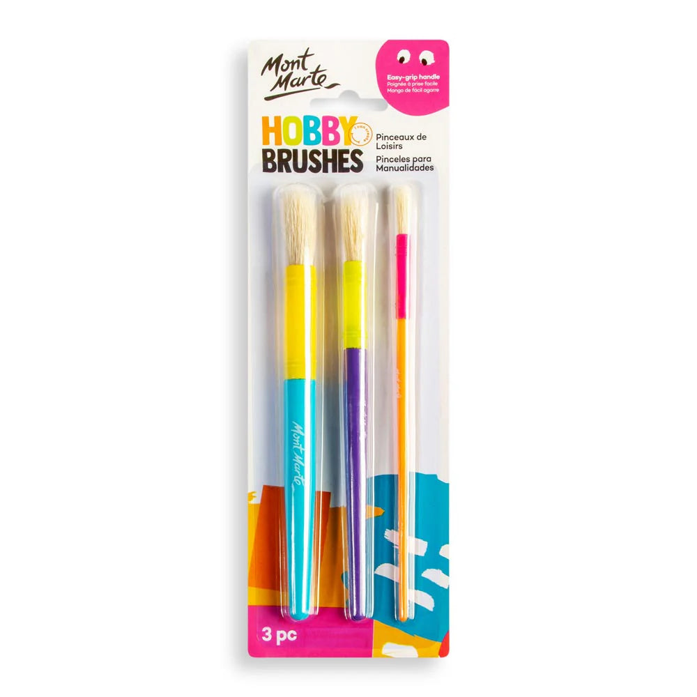 3 brushes in set; natural bristles; colourful handles: blue, purple, orange; easy-grip handle design; packaged on branded card backing;