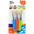 Three brushes with blue, orange, and green handles; Large rounded bristle heads; Packaging shows '3+' age recommendation; Silver metal ferrules holding bristles; Bright and colourful design;