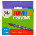 Green box with purple top flap; Large colourful 'JUMBO CRAYONS' text; Image of a purple crayon with red tip; 12 piece count indicated on box; Brand name Mont Marte on packaging;