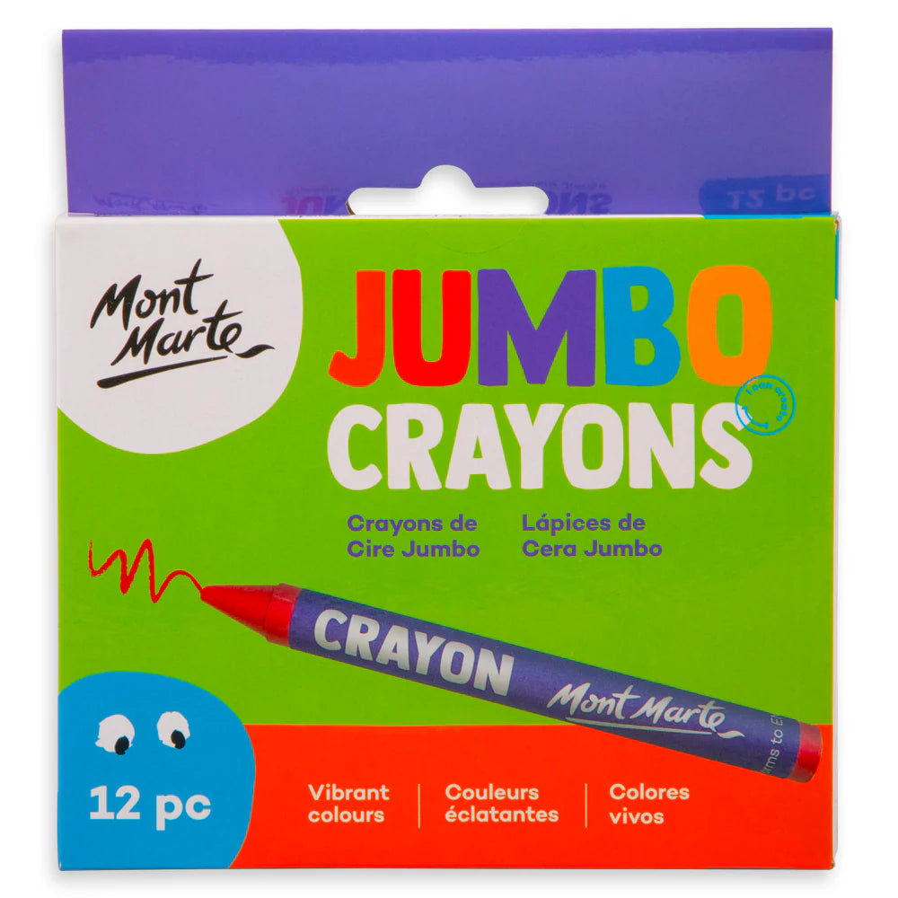 Green box with purple top flap; Large colourful 'JUMBO CRAYONS' text; Image of a purple crayon with red tip; 12 piece count indicated on box; Brand name Mont Marte on packaging;