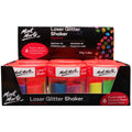 clear plastic shaker container with red lid; six fluoro glitter colours visible inside; packaged in a black display box with colourful glitter graphics; 50g product weight indicated on packaging;