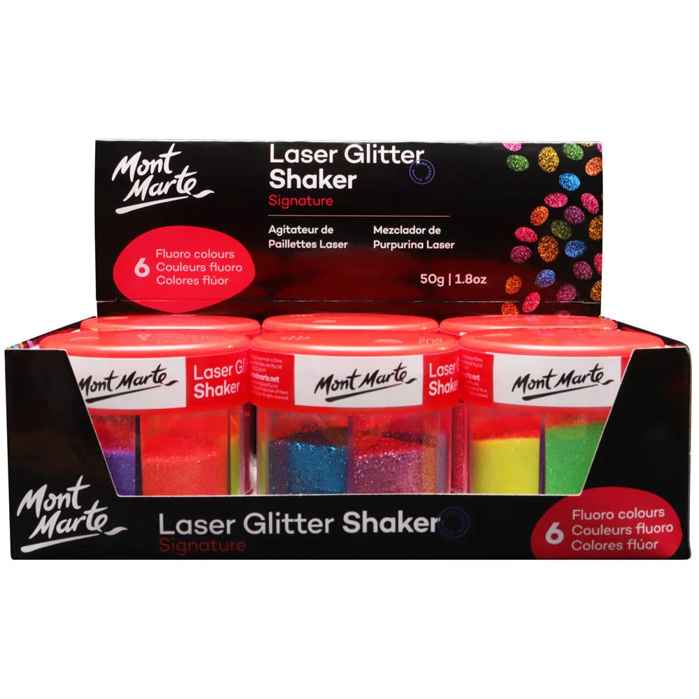 clear plastic shaker container with red lid; six fluoro glitter colours visible inside; packaged in a black display box with colourful glitter graphics; 50g product weight indicated on packaging;