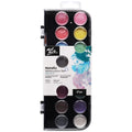 plastic clamshell packaging; 16 round metallic colour cakes; includes a paint brush; black tray backing; white and artwork labelled cardboard sleeve;