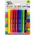 8 markers in yellow, orange, red, dark red, purple, blue, green, brown; plastic marker barrels with caps; colourful printed packaging with dots and shapes; Mont Marte branding on each marker;