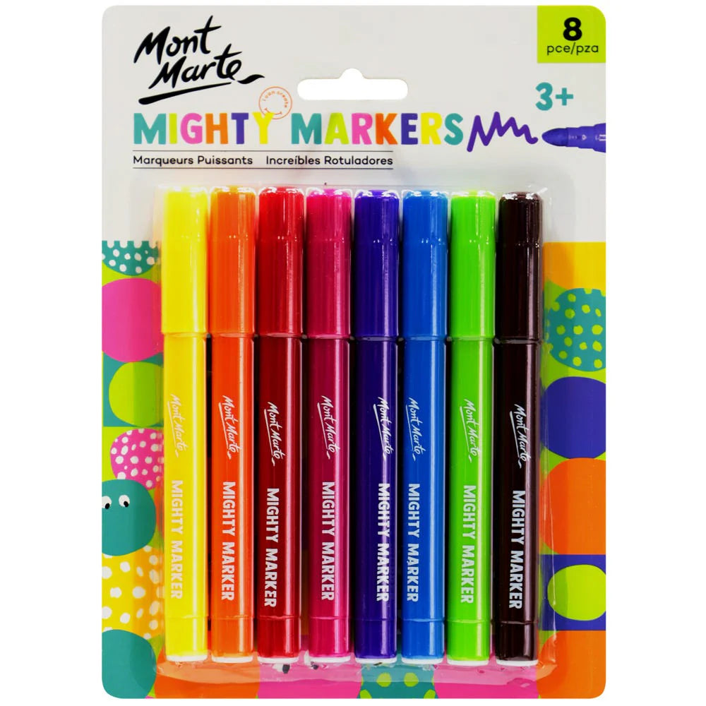 8 markers in yellow, orange, red, dark red, purple, blue, green, brown; plastic marker barrels with caps; colourful printed packaging with dots and shapes; Mont Marte branding on each marker;