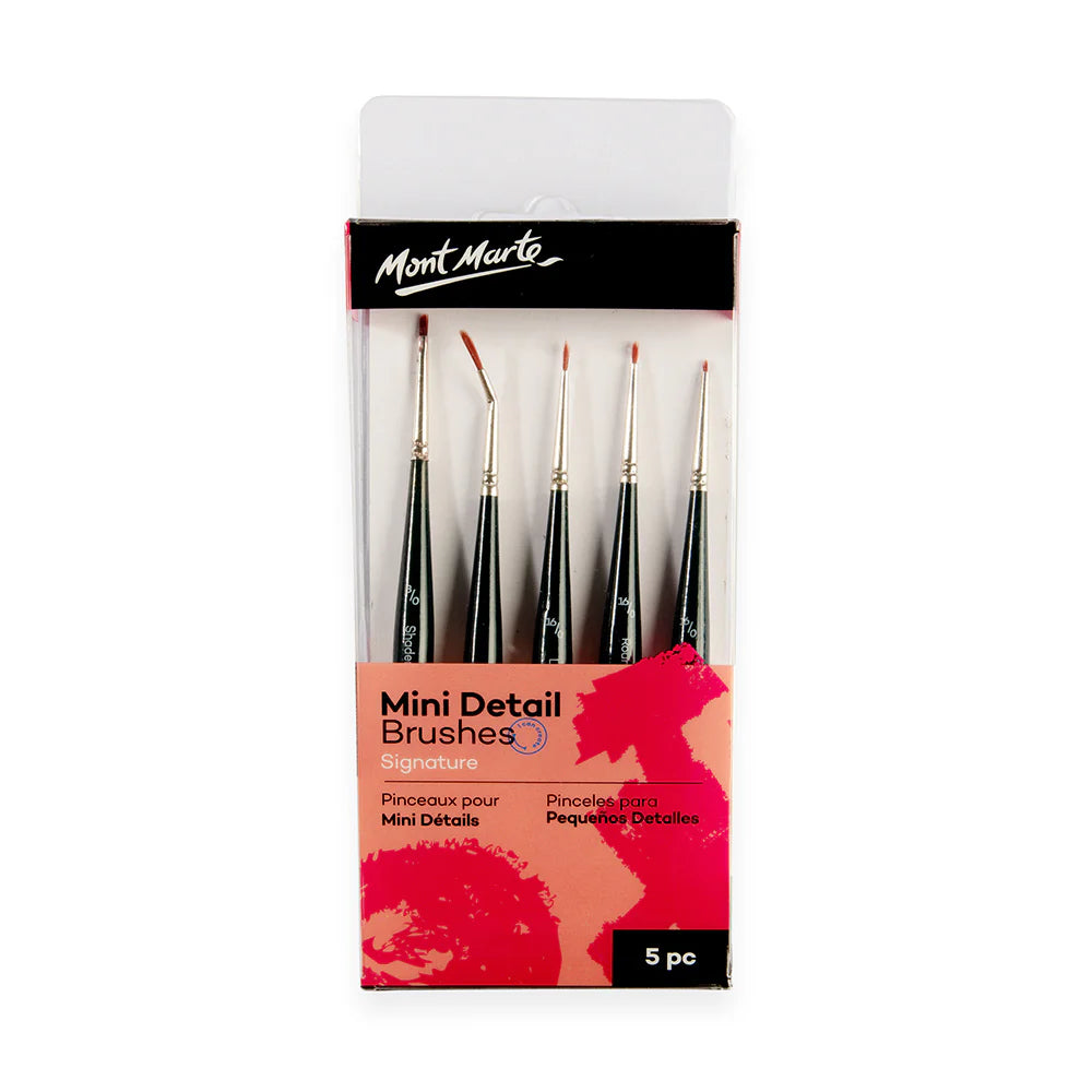 Five brushes with black handles; Varied brush shapes including angled and pointed tips; Packaged in clear plastic with branded cardboard backing; Brush handles labelled with size/type;