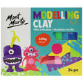 Colourful packaging with turquoise, yellow, purple, and pink; 24 pieces of clay visible through packaging windows; Clay colours include green, blue, purple, pink, and red; Illustrations of playful clay monster figures on packaging;
