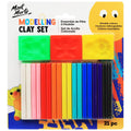21 pieces of modelling clay sticks in various colours; Three plastic moulds in green, red and yellow; Blister card packaging with Mont Marte branding; Bright, assorted colour clay sticks arranged in rows;