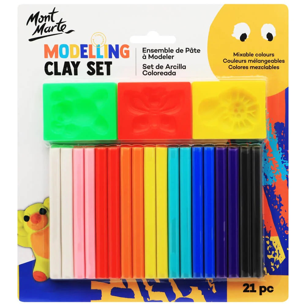 21 pieces of modelling clay sticks in various colours; Three plastic moulds in green, red and yellow; Blister card packaging with Mont Marte branding; Bright, assorted colour clay sticks arranged in rows;