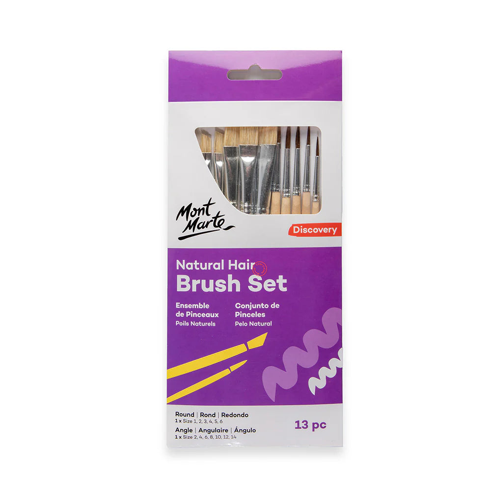 Purple and white packaging with Mont Marte branding; 13 natural hair brushes visible; Combination of flat and round brush shapes; Wooden handles on brushes; Clear front window on packaging;