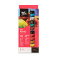 Red and black themed packaging with fruit illustration; Window on front showing 12 tubes of oil paint; Each tube labelled with colour and 12ml volume; Tubes arranged vertically inside box; Colours include black, white, blue, red, yellow, brown;