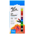 White and blue packaging; 12 oil pastels in various colours; Mont Marte branding; Flower illustration on package; Compact boxed set;