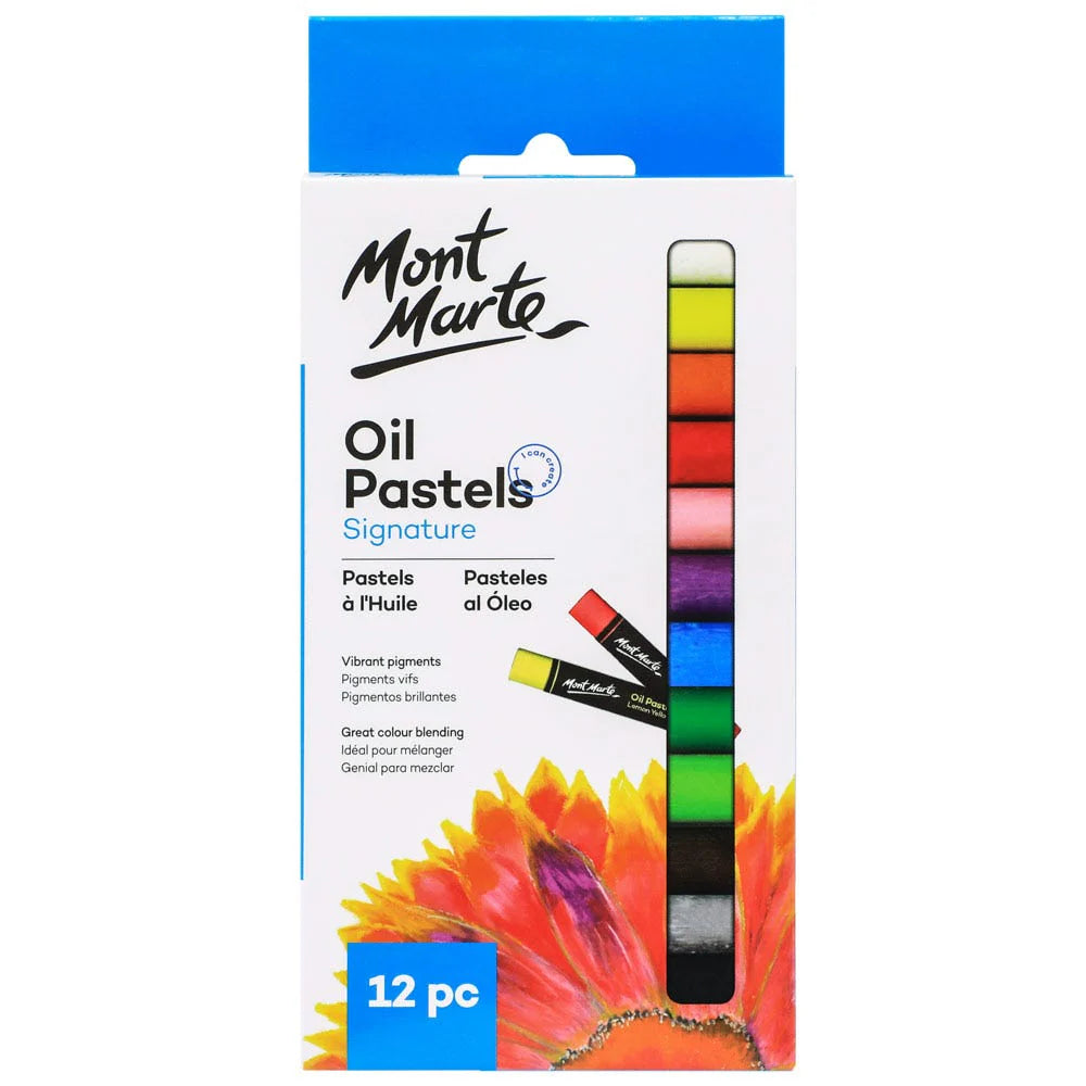 White and blue packaging; 12 oil pastels in various colours; Mont Marte branding; Flower illustration on package; Compact boxed set;
