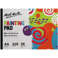 A4 size painting pad; Colorful abstract artwork on cover; Black spine binding; 110gsm paper weight label; 25 sheets indicated on front cover;