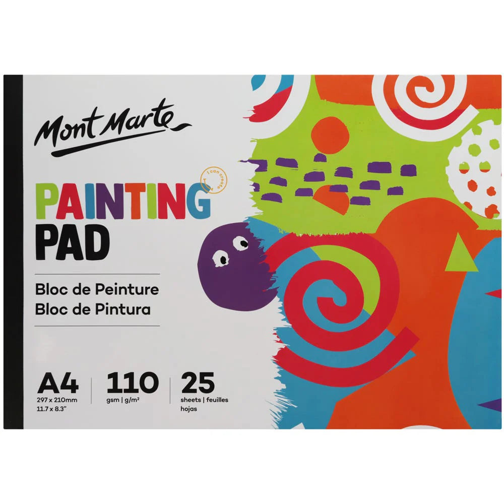 A4 size painting pad; Colorful abstract artwork on cover; Black spine binding; 110gsm paper weight label; 25 sheets indicated on front cover;